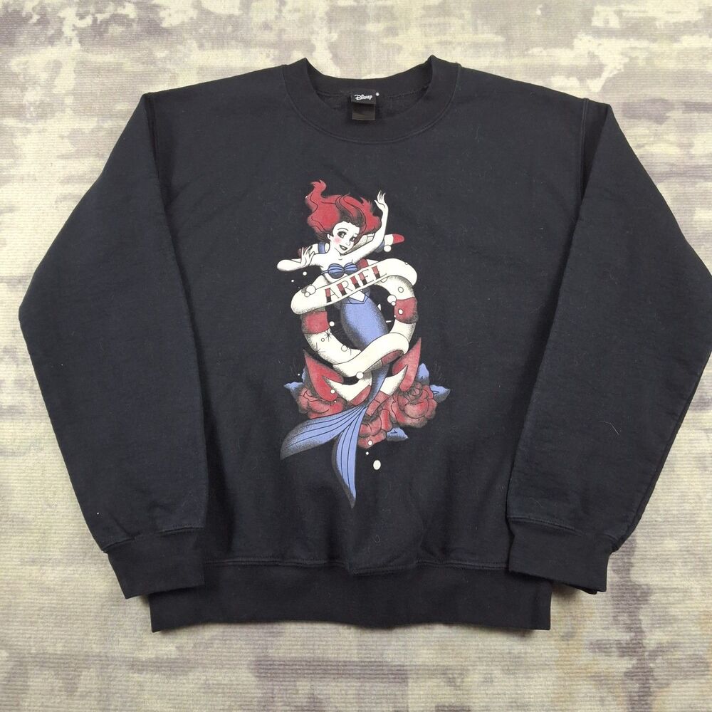 Disney Ariel Little Mermaid Crewneck Sweatshirt Black Tattoo Style Graphic...